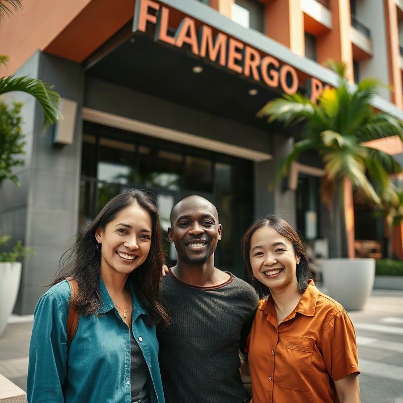 Retrato candid da equipe de três pessoas da Echovalpha em frente a um prédio no Flamengo, Rio de Janeiro