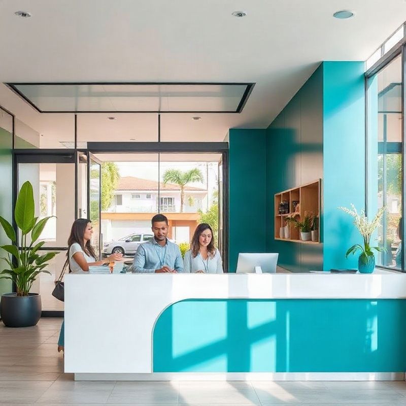 Recepção moderna de pequeno negócio no Rio de Janeiro com detalhes em teal e luz natural